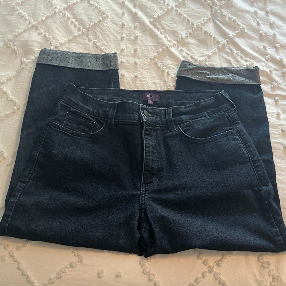 NYDJ Lift Tuck Tech Crop Jeans Size 8 Dark Wash Cuffed Stretch Denim Made in USA